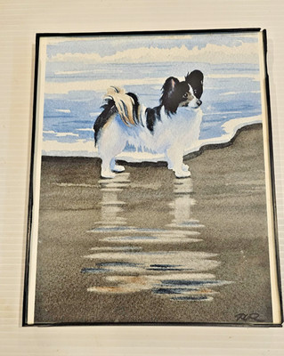 David Rogers Signed Papillon Dog Watercolor Portrait Framed Art