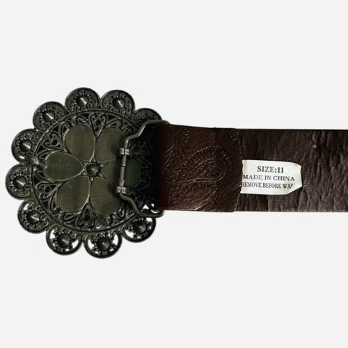 Women’s Belt Brown Embossed Leatherette Belt Flower Rhinestone Metal Buckle Belt - Picture 5 of 5