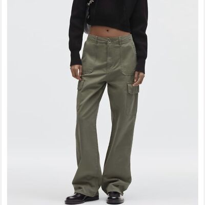 Zara Cargo Pants 4 High Rise Straight Leg Army Green Pockets