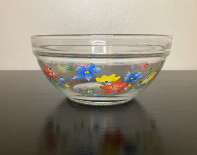 Vintage Glass Nesting Bowl - Enamel Flowers on Clear Glass