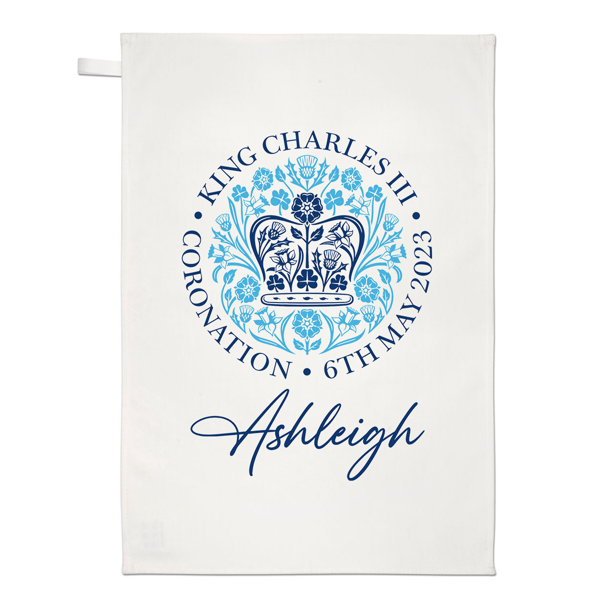 Personalised Coronation Emblem Light Blue King Charles III Tea Towel Dish Cloth