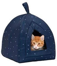 FurHaven Dog / Cat Pet Bed Cave Washable and Foldable Fleece Pet Tent Blue Stars