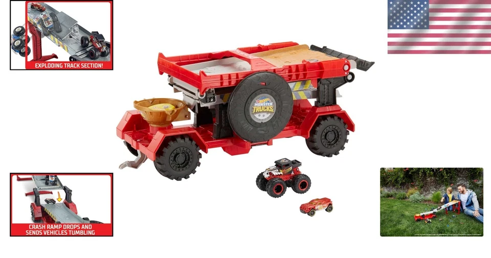 Exclusive 1:64 Scale Monster Trucks Playset: Downhill Race & Transport Fun - Image 2 of 4