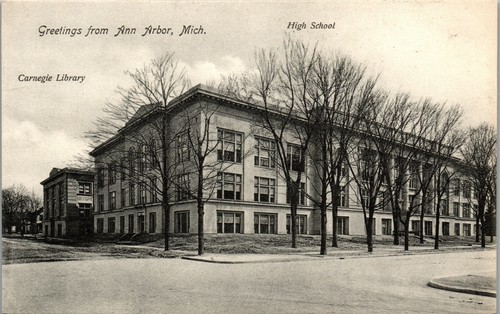 Greetings from Ann Arbor Michigan Carnegie library High School Postcard AU1 - Picture 1 of 2