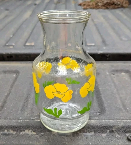 Vintage Anchor Hocking Yellow Poppy Foxy Flowers Pitcher Carafe Juice 70s