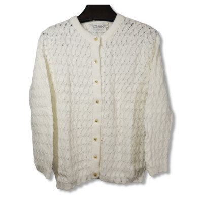 VTG Rosanna Knit Cardigan Sweater Womens 36 White USA Woolite Woven Waves Scallo