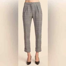 Trina Turk Gilded Pant Womens 10 Black White Plaid Cuffed Pleated Trouser NEW