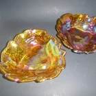Pair Vintage Indiana Glass Loganberry Berry Leaf Carnival Glass Bowl Triangle