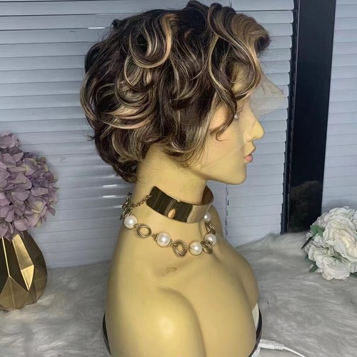 Short Pixie Cut Loose Wave Human Hair Lace Front Wigs Black Blonde Highlights - Picture 2 of 8