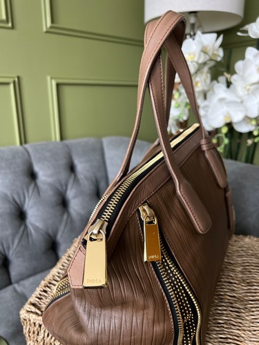 Furla Amazzone Bag Taupe brown leather Expandable Handbag Stud Zip Detail - Picture 6 of 17
