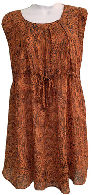 Hot & Delicious Size S Orange Graphic Tunic Dress Cap Sleeve Scoop Pleated Neck