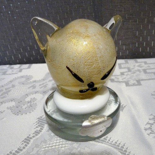 MURANO Italy ALFREDO BARBINI Gold Flecks ITALIAN ART GLASS Cat Head PAPERWEIGHT - Picture 3 of 12