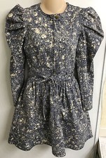 Ulla Johnson Wren Denim Dress Blue Off-White Print Puff Long Sleeve Mini Size 0