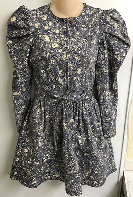 ulla johnson wren denim dress Ulla Johnson Wren Denim Dress Blue Off-White Print Puff Long Sleeve Mini  Size 0
