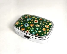 Vintage Compact Mirror Sewing / Pill Box Case Green BG Flowers Millefiori Look