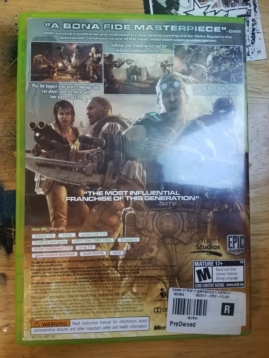 Gears of War 3 (Xbox 360, 2011) ~ Pre-owned/Gamestop ~ Tested & Works!  885370201215