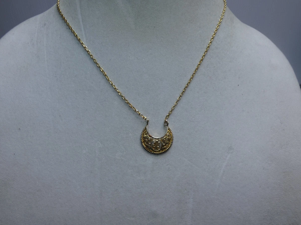 EMC Gold Tone Necklace Crescent Shape Pendant with Pierced Design