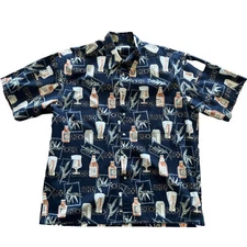 BATIK BAY Hawaiian Beer Cocktail Tiki Bar Aloha Shirt Men's Navy Blue Size XL