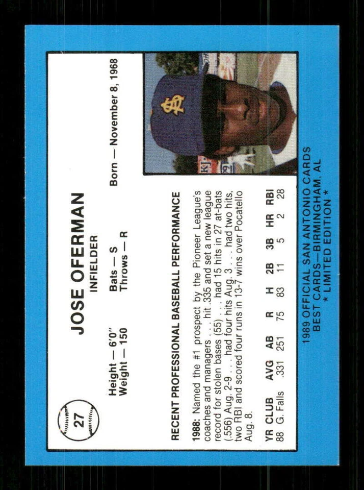 1989 Best San Antonio Missions Platinum 27 Jose Offerman /1500 sp BXCP29 - Image 2 of 2