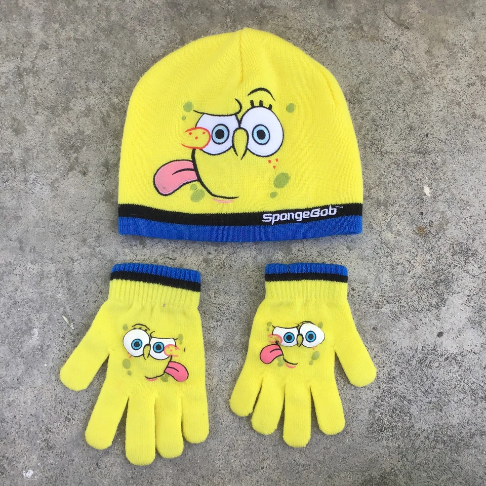 Vintage Sponge Bob SquarePants Child Set Beanie Hat & Mittens Nickelodeon 2004 - Image 2 of 4