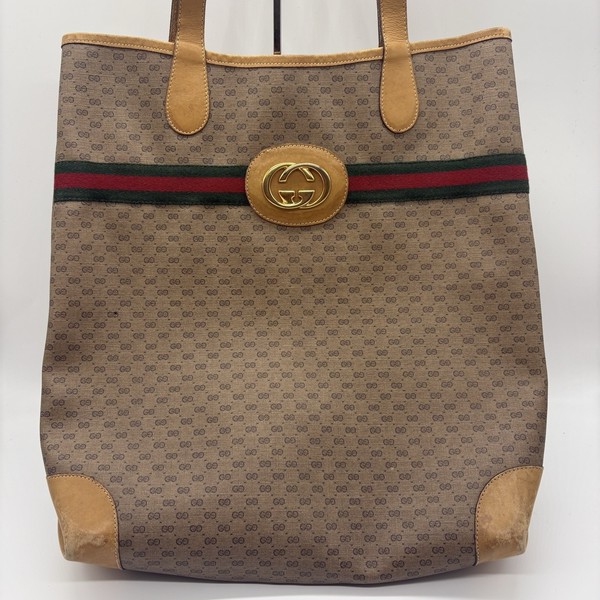 Gucci Sherry Line Tote Bag Micro GG Inter Locking Purse PVC Leather Beige Auth!
