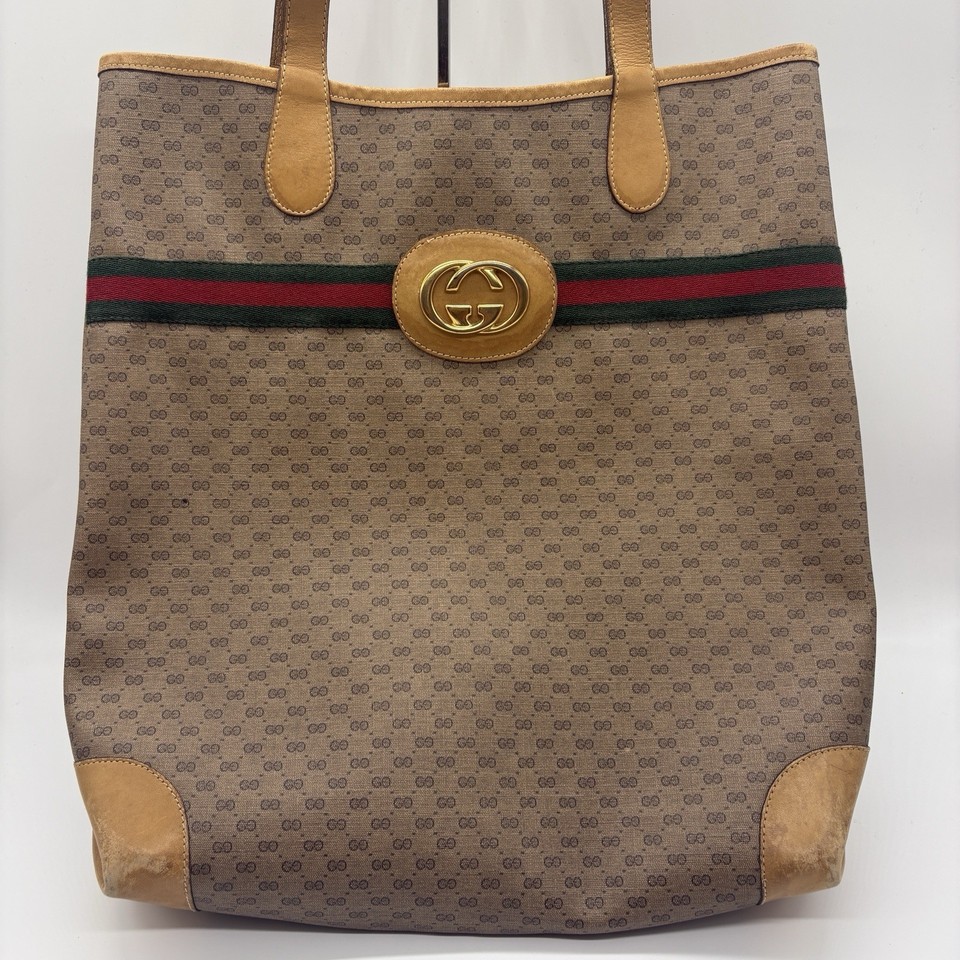 Gucci Sherry Line Tote Bag Micro GG Inter Locking Purse PVC Leather Beige Auth!