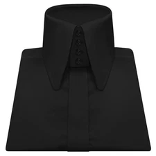 Mens 70s Vintage Revival High Collar Long Round Point Black Hidden Placket Shirt