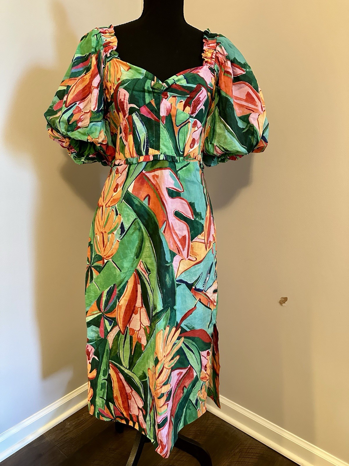 Farm Rio Banana Foliage Puff Sleeve Midi Multicolor - M