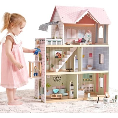 Giant bean Puppenhaus Holz, 80 cm Hoch, mit Aufzug, Türklingel, Licht, 15 Möb...
