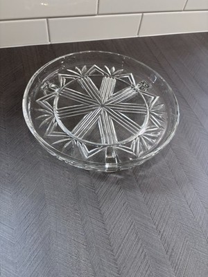 Vintage Sowerby Pressglas Kuchenständer mit Fuß Platte Starburst Muster Art Deco