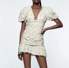 Zara Checkered Floral Draped Balloon Sleeve with Embroidered Eyelet Detail Dress