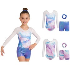 Girls Sparkly Leotard Exercise Bodysuit Long Sleeve Gymnastics Mesh Patchwork
