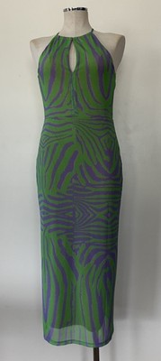 AFRM BOMBSHELL HALTER-BACKLESS BODYCON DRESS GREEN, PURPLE ABSTRACT M VGUC