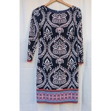 Vince Camuto Navy Blue 3/4 Sleeve Printed Shift Dress Womens 6 Paisley Floral