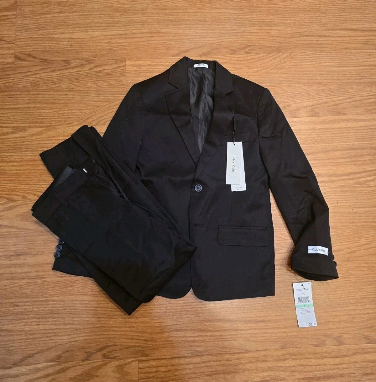 New Calvin Klein Boys Black Slim-Fit Stretch Suit Set (Jacket/Pants) Sz 8