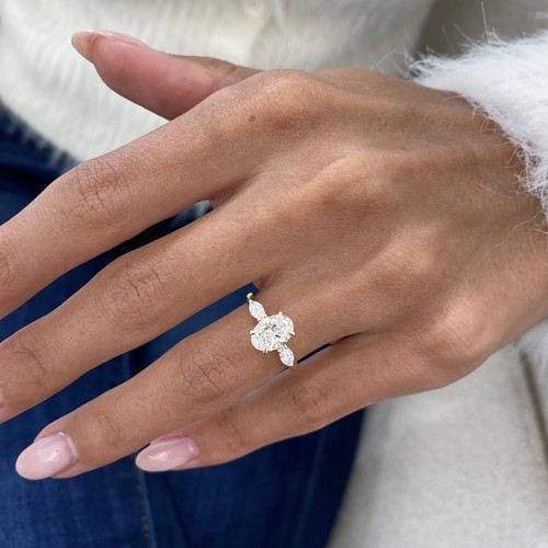 3 Stone Lab Created Diamond Engagement Ring 14K Yellow Gold Oval Cut 1.3 Ct - Picture 3 of 10
