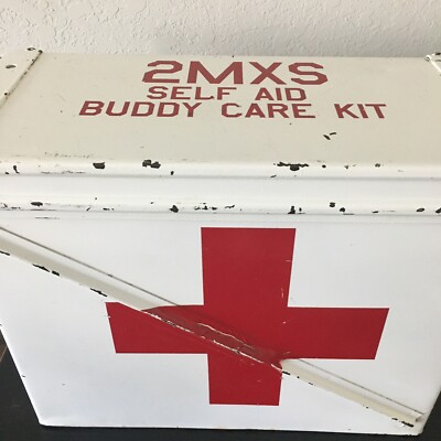 First Aid Self Buddy Care Kit White Metal Box Vintage Red Cross w
