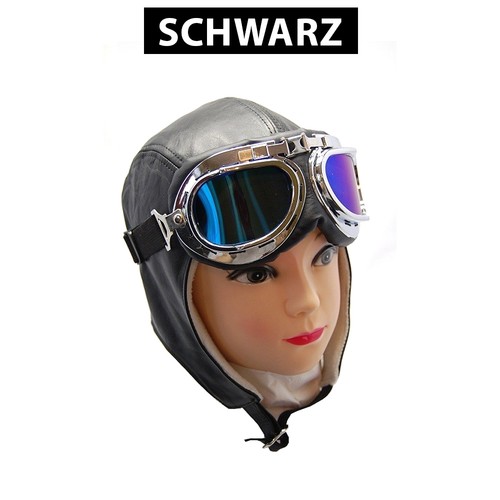 Cabriohaube Leder Schwarz Braun Blau usw - Fliegermütze Oldtimermütze + Brille - Picture 4 of 10