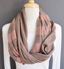 Taupe Mauve striped ribbed knit circle infinity endless loop extra long scarf