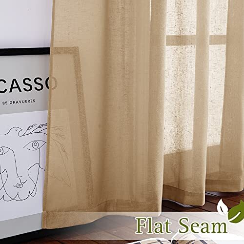Sheer Linen Curtains Flax Texture 84 inch Length, Grommet Semi W52 x L84 Camel - Bild 2 von 6