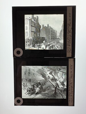 2 Glass Slides Illustrations Explosion Fire Dow s Drugstore Boston Mass May 1875