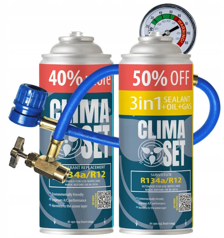 Klima 2 x XL Dose AC 3in1 Dichtmittel Öl Kältemittel Ersatzgas R134A + Schlauch