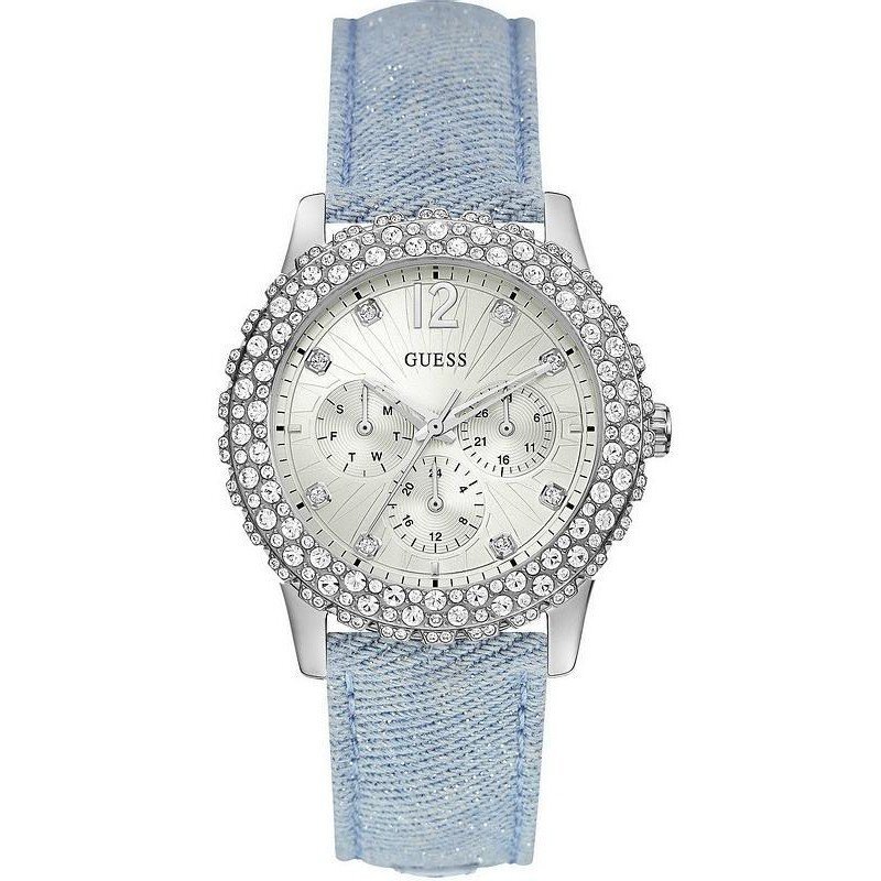 Guess Women's Analog Silver Dial Quartz Sky Blue Leather Strap