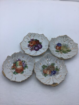 Vintage Leaf Shape Dishes Hand Painted Fruit Gold Trim Japan Set Of 4