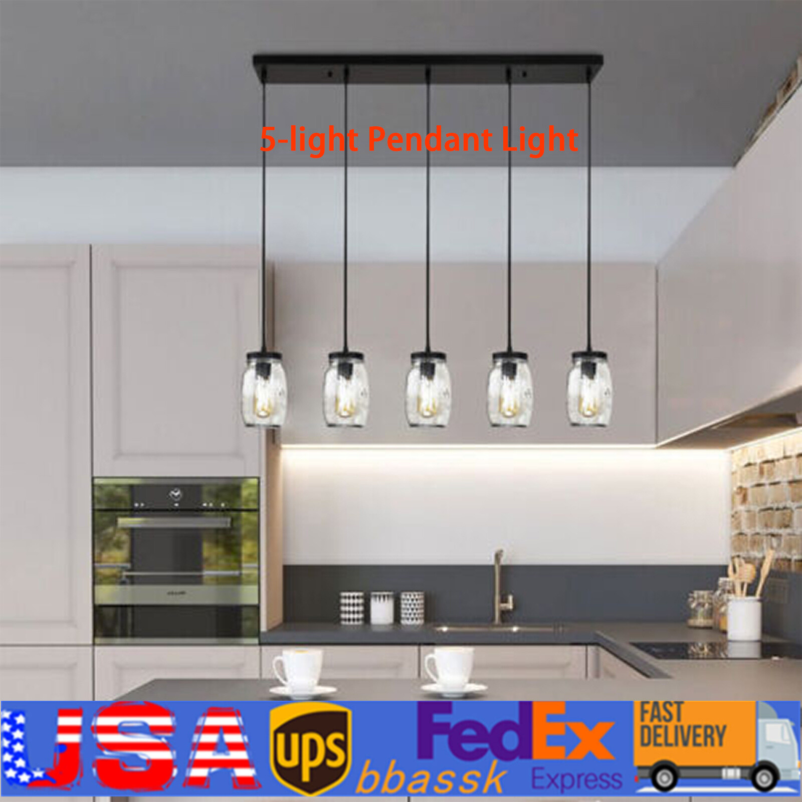 5 Lights Farmhouse Kitchen Island Pendant Light Chandelier Ceiling Fixture Black