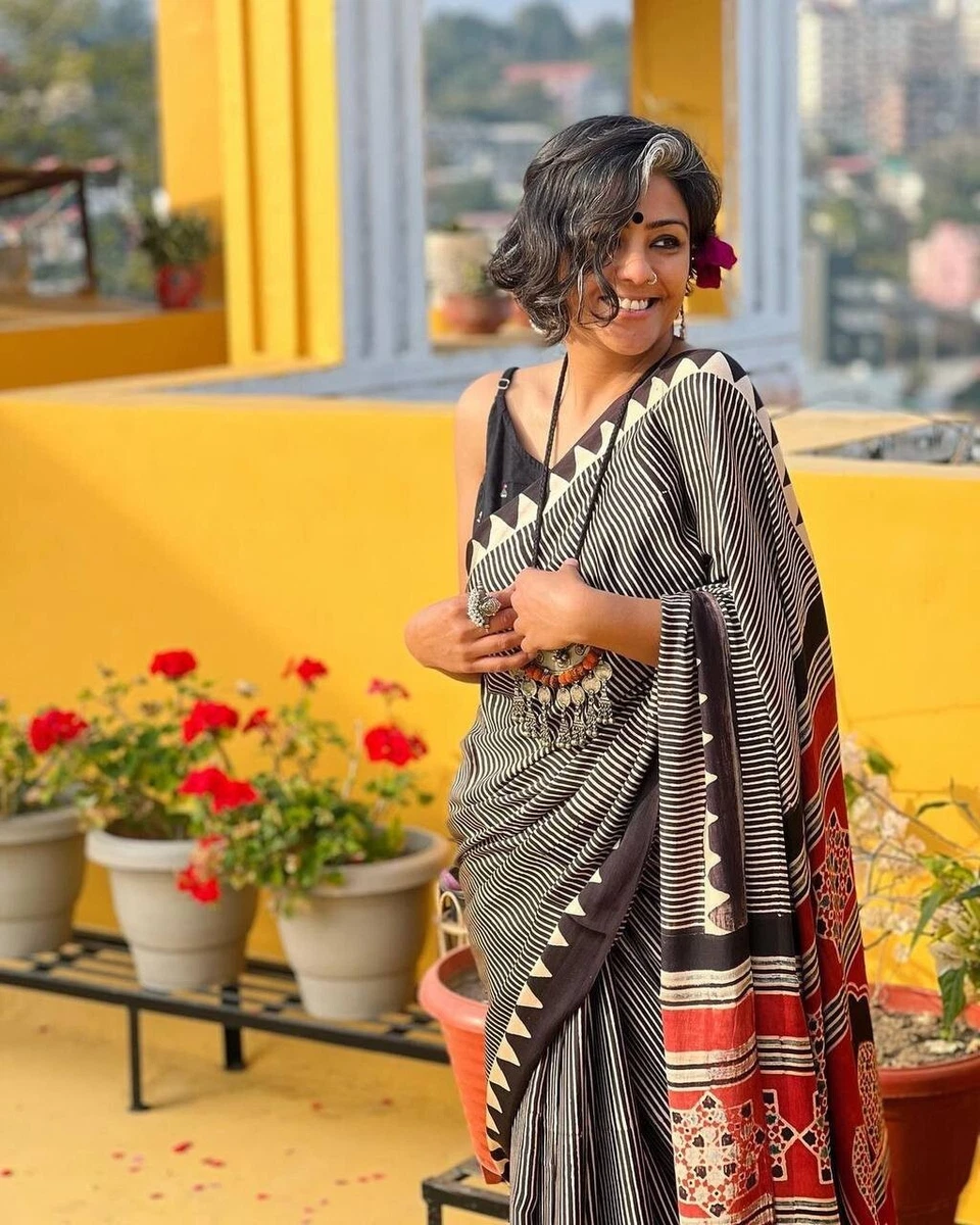 Red Black Silk Sari Indian Printed Saree With Blouse Party Wear sari Dress lines