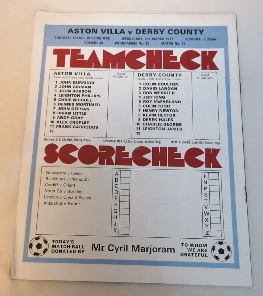 PROGRAMME - First Division Aston Villa Vs Derby County Weds 2nd March 1977 - Image 2 of 2