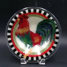 Peggy Karr Rooster Chicken Bowl Fused Glass Art Black White Check 8 Inch Signed
