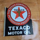 TEXACO MOTOR OIL FLANGE 2-SIDED PORCELAIN ENAMEL SIGN 21 X 27 INCHES