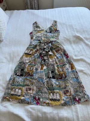 Thought Green Yellow White Venice Pattern Sleeveless Dress Size 10 Pocket Cotton